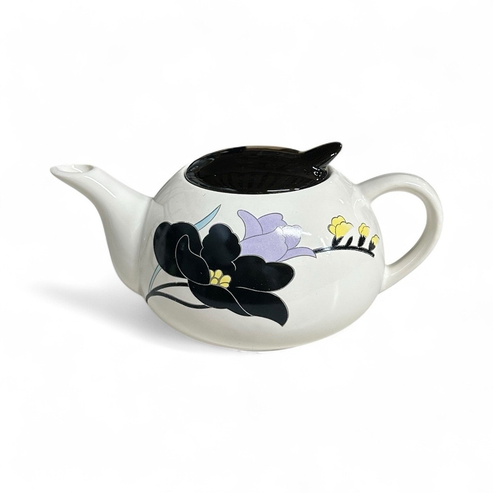 VTG Furama Ceramic Teapot Floral Black Lid White Flower Design Kitchen MCM Decor